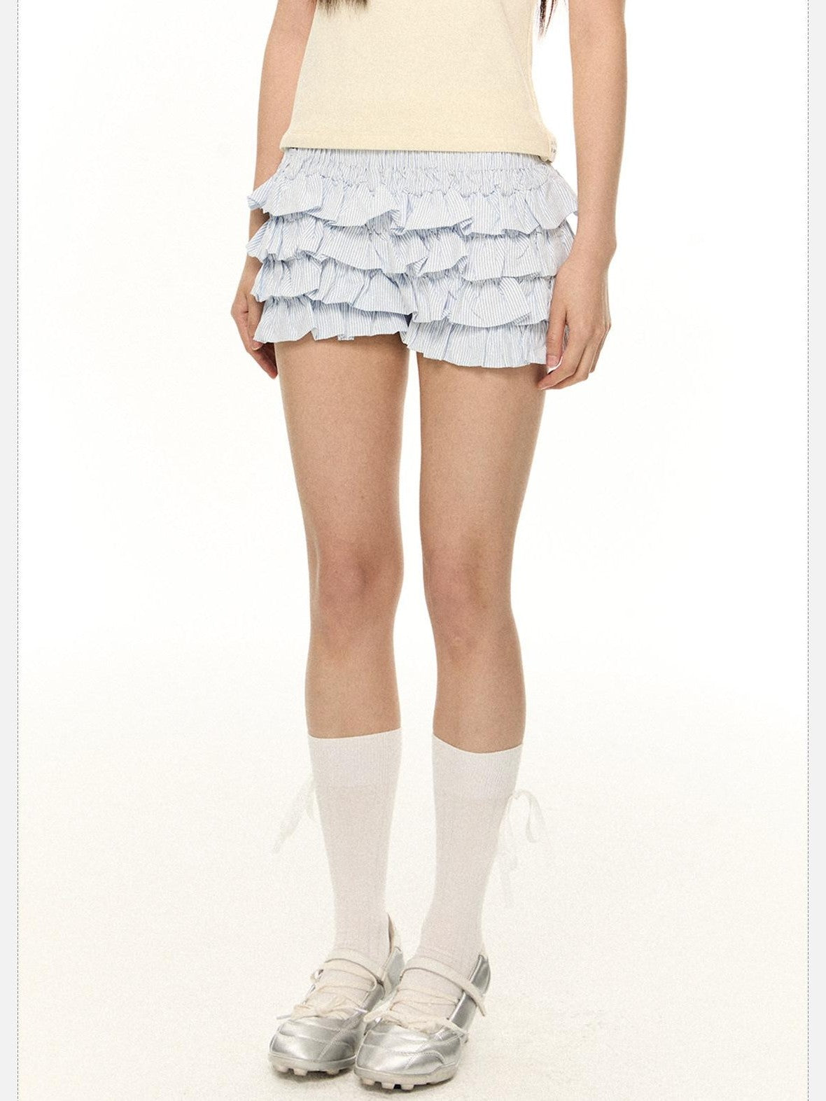EZEK Striped Ruffled French High Waist A Line Women's Polyester Pocket Tiered Skirts