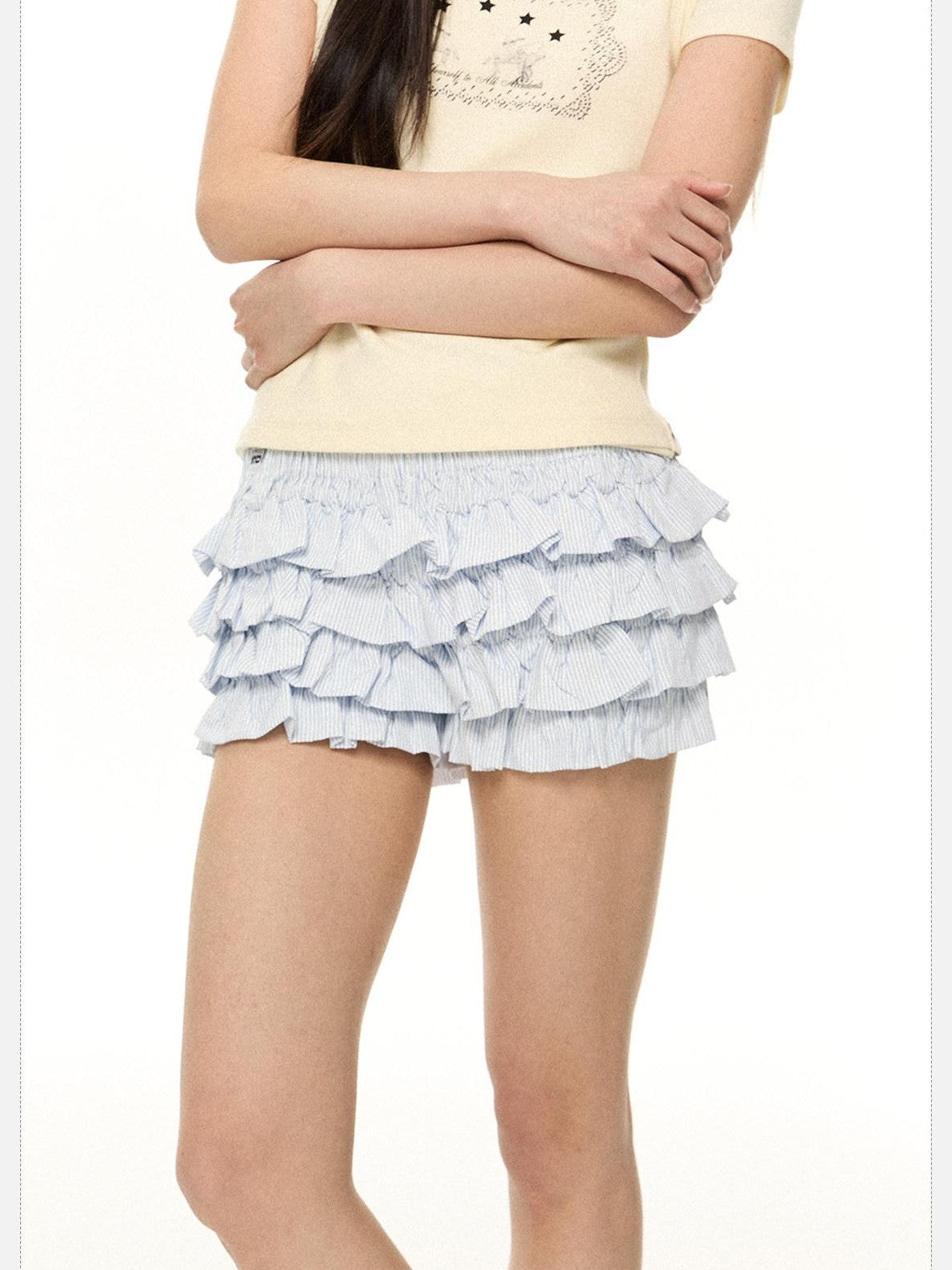 EZEK Striped Ruffled French High Waist A Line Women's Polyester Pocket Tiered Skirts