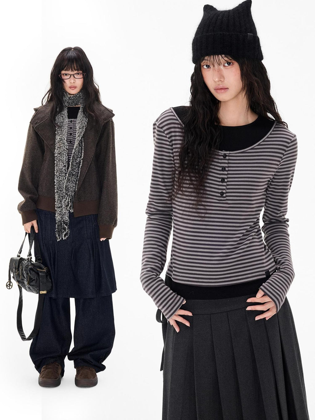 EZEK Striped Spliced Knit Button Henley Neck Women's Long Sleeve T-shirts