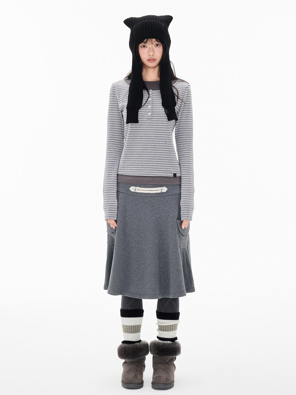 EZEK Striped Spliced Knit Button Henley Neck Women's Long Sleeve T-shirts