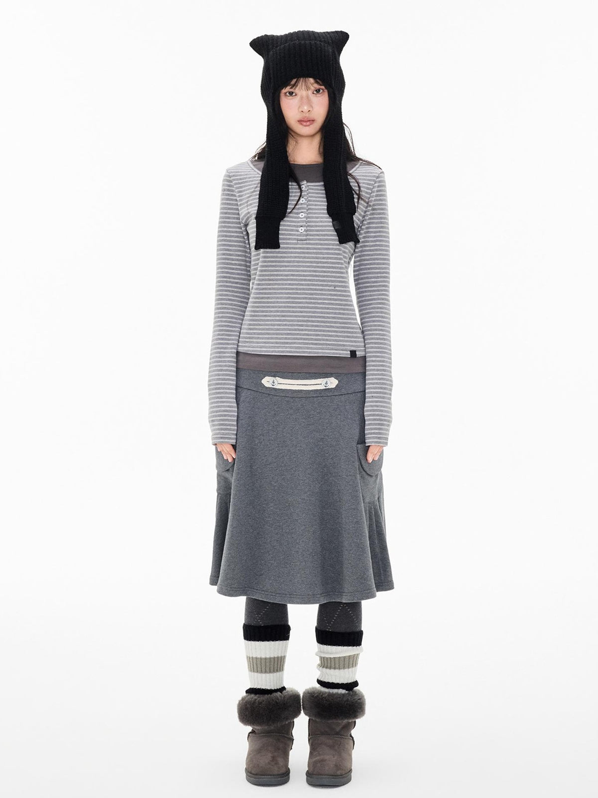 EZEK Striped Spliced Knit Button Henley Neck Women's Long Sleeve T-shirts