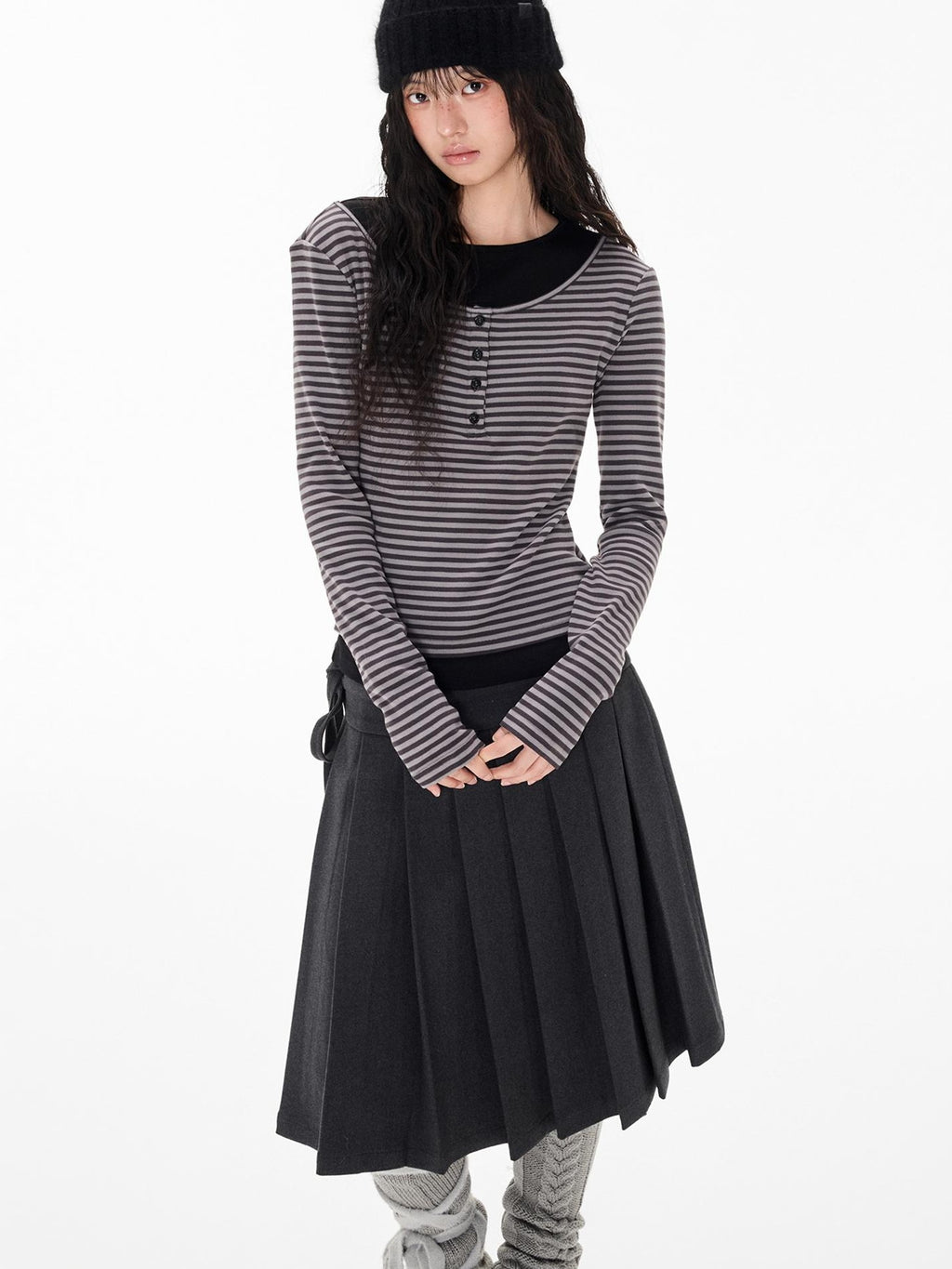 EZEK Striped Spliced Knit Button Henley Neck Women's Long Sleeve T-shirts