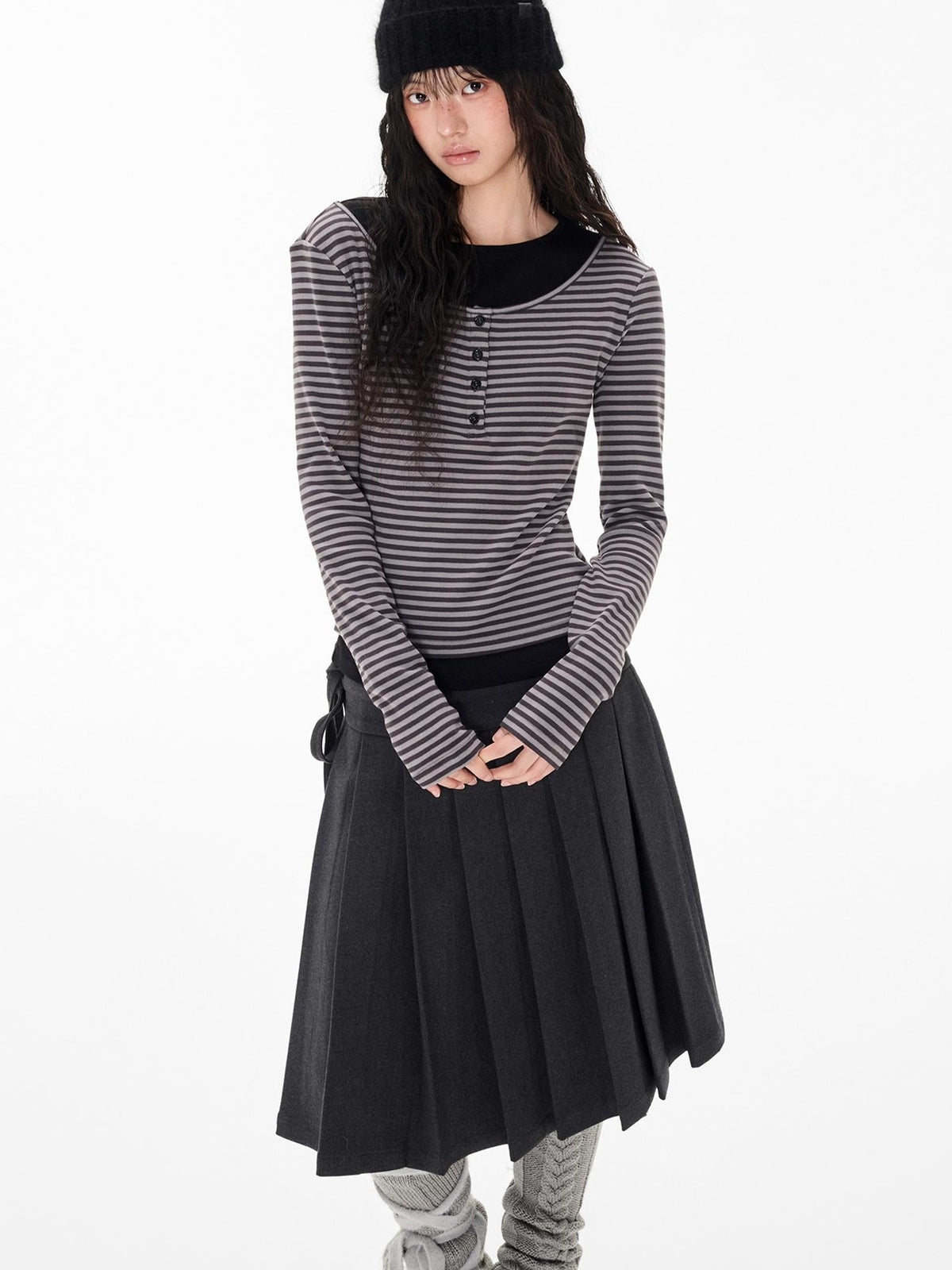 EZEK Striped Spliced Knit Button Henley Neck Women's Long Sleeve T-shirts