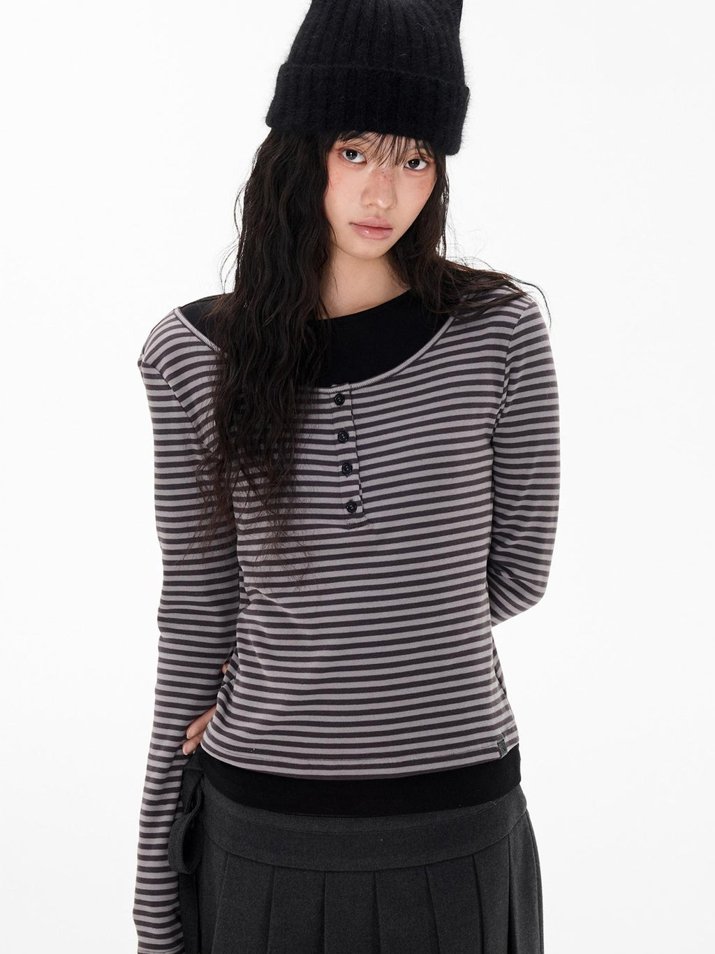 EZEK Striped Spliced Knit Button Henley Neck Women's Long Sleeve T-shirts