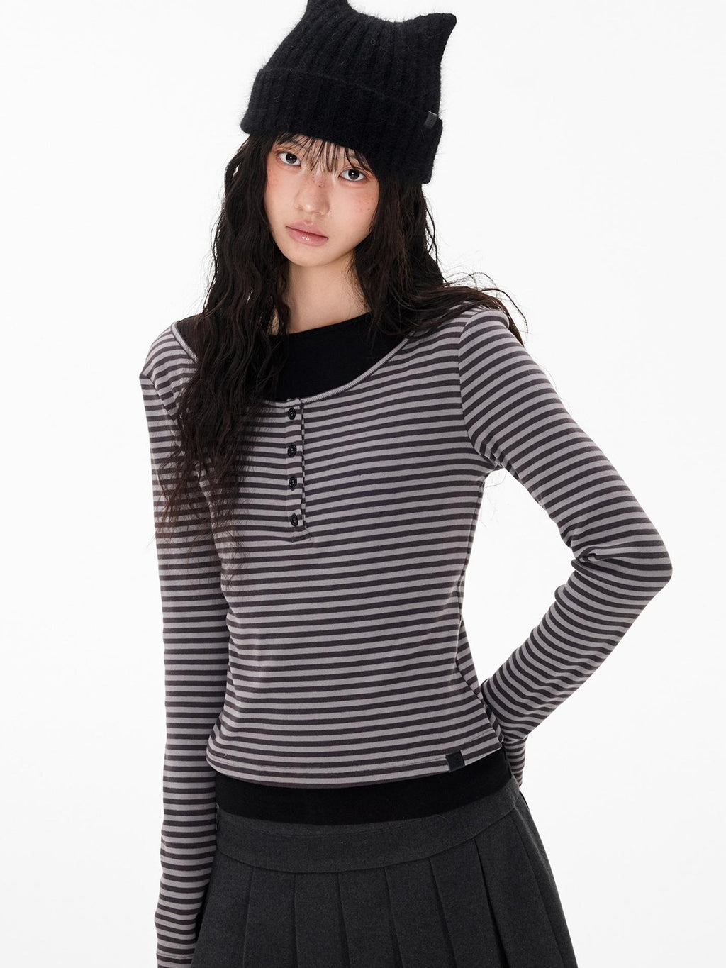 EZEK Striped Spliced Knit Button Henley Neck Women's Long Sleeve T-shirts