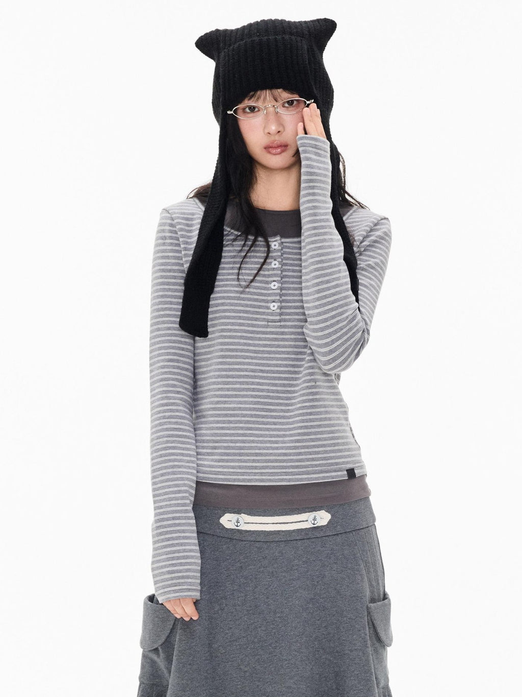 EZEK Striped Spliced Knit Button Henley Neck Women's Long Sleeve T-shirts