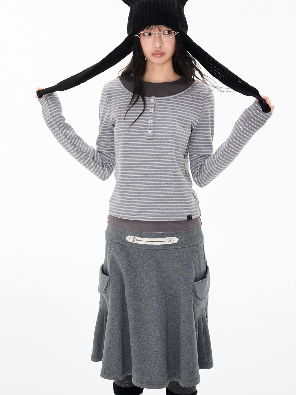 EZEK Striped Spliced Knit Button Henley Neck Women's Long Sleeve T-shirts