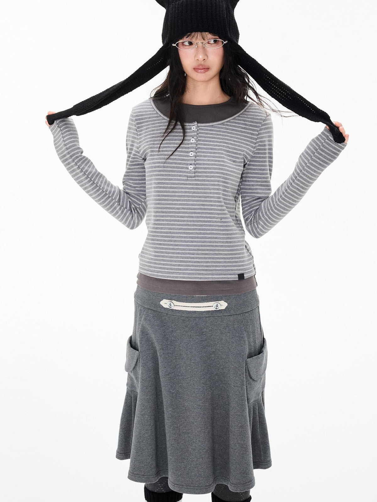 EZEK Striped Spliced Knit Button Henley Neck Women's Long Sleeve T-shirts