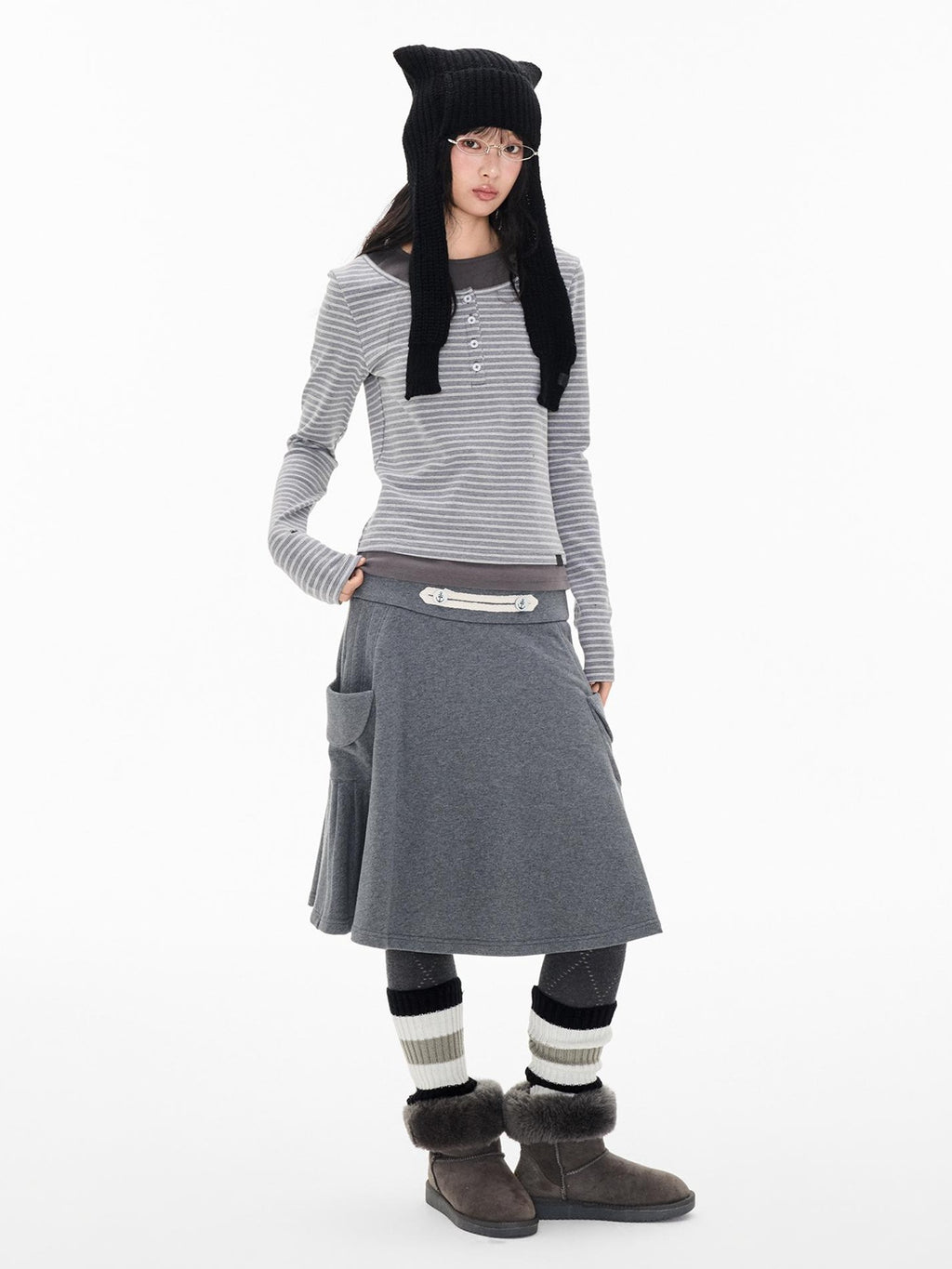 EZEK Striped Spliced Knit Button Henley Neck Women's Long Sleeve T-shirts