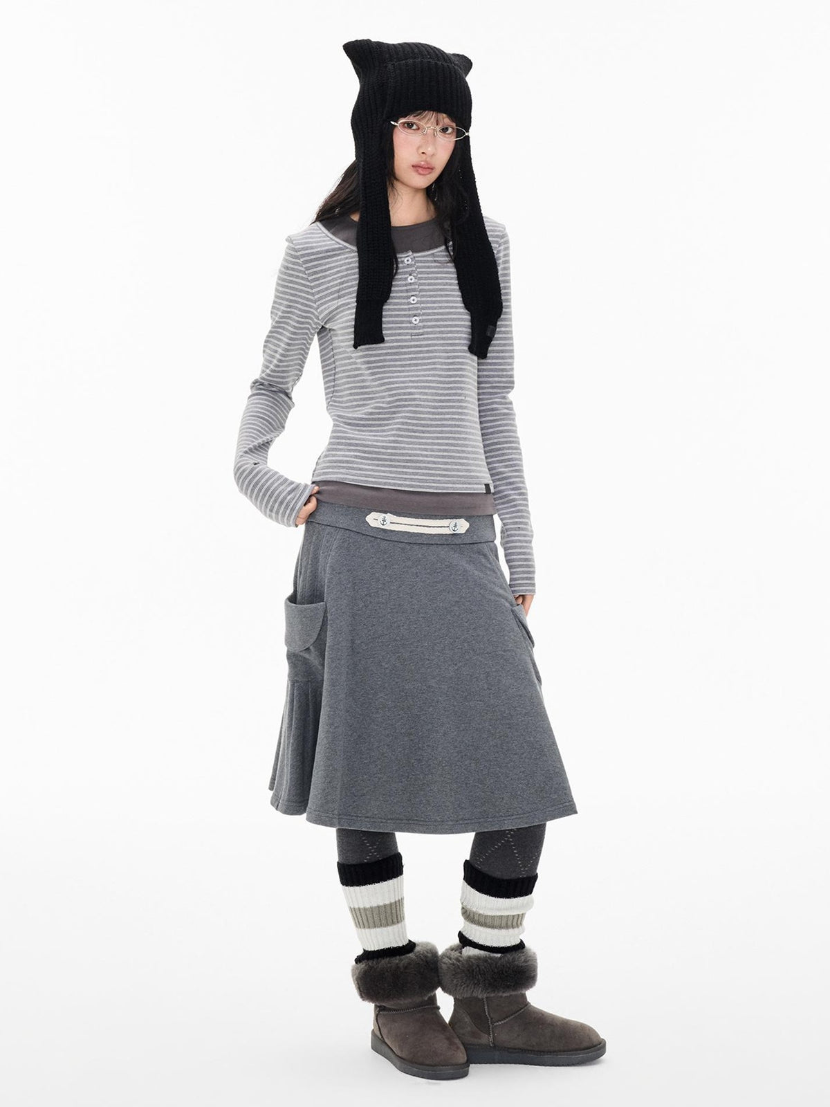 EZEK Striped Spliced Knit Button Henley Neck Women's Long Sleeve T-shirts