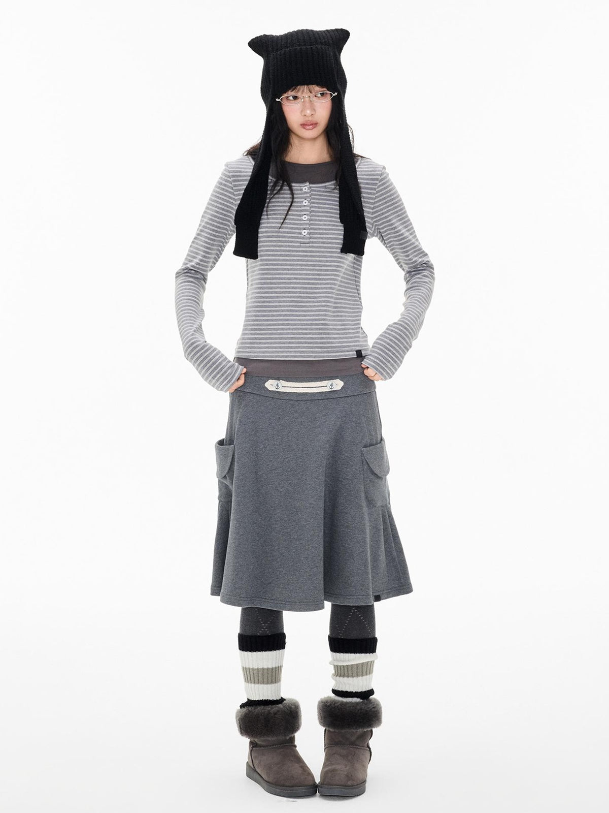 EZEK Striped Spliced Knit Button Henley Neck Women's Long Sleeve T-shirts