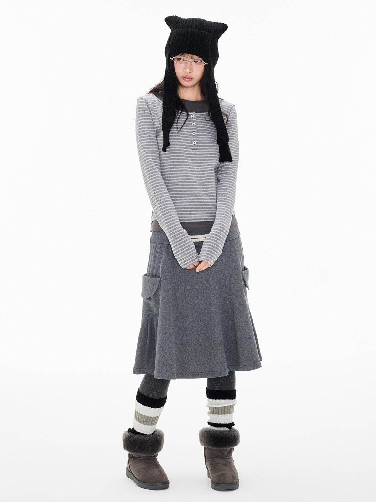 EZEK Striped Spliced Knit Button Henley Neck Women's Long Sleeve T-shirts