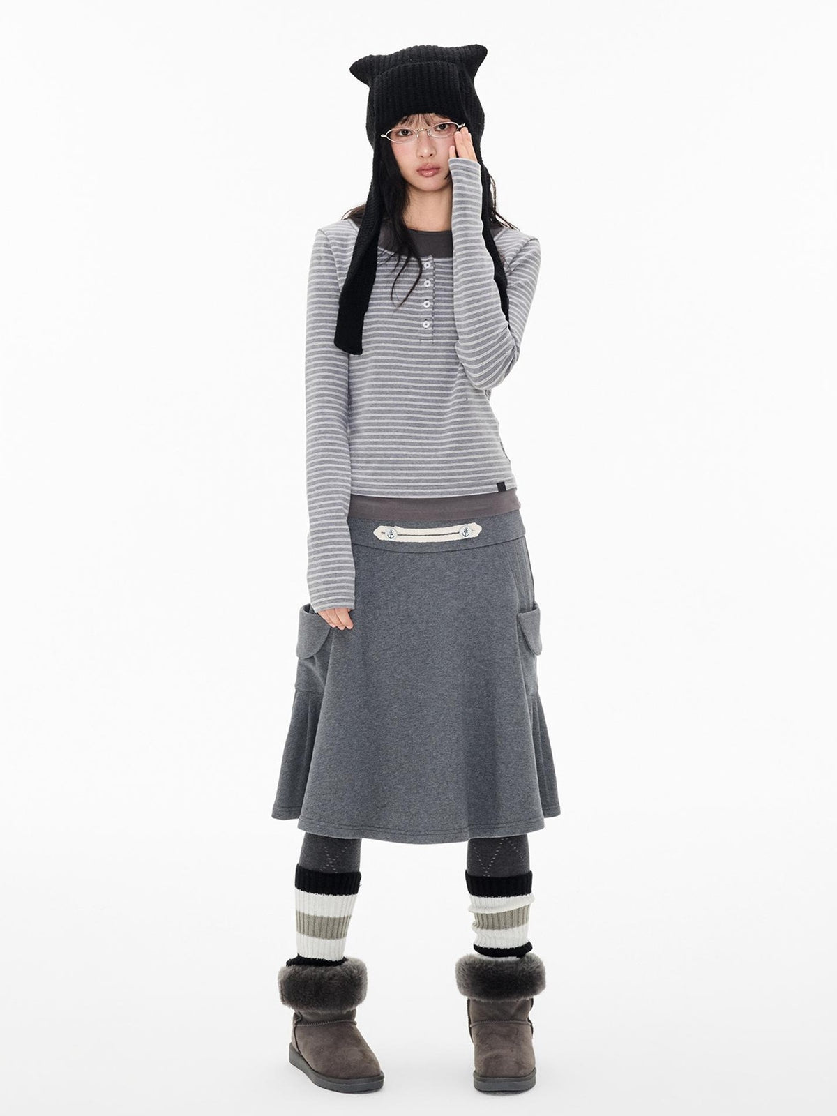 EZEK Striped Spliced Knit Button Henley Neck Women's Long Sleeve T-shirts