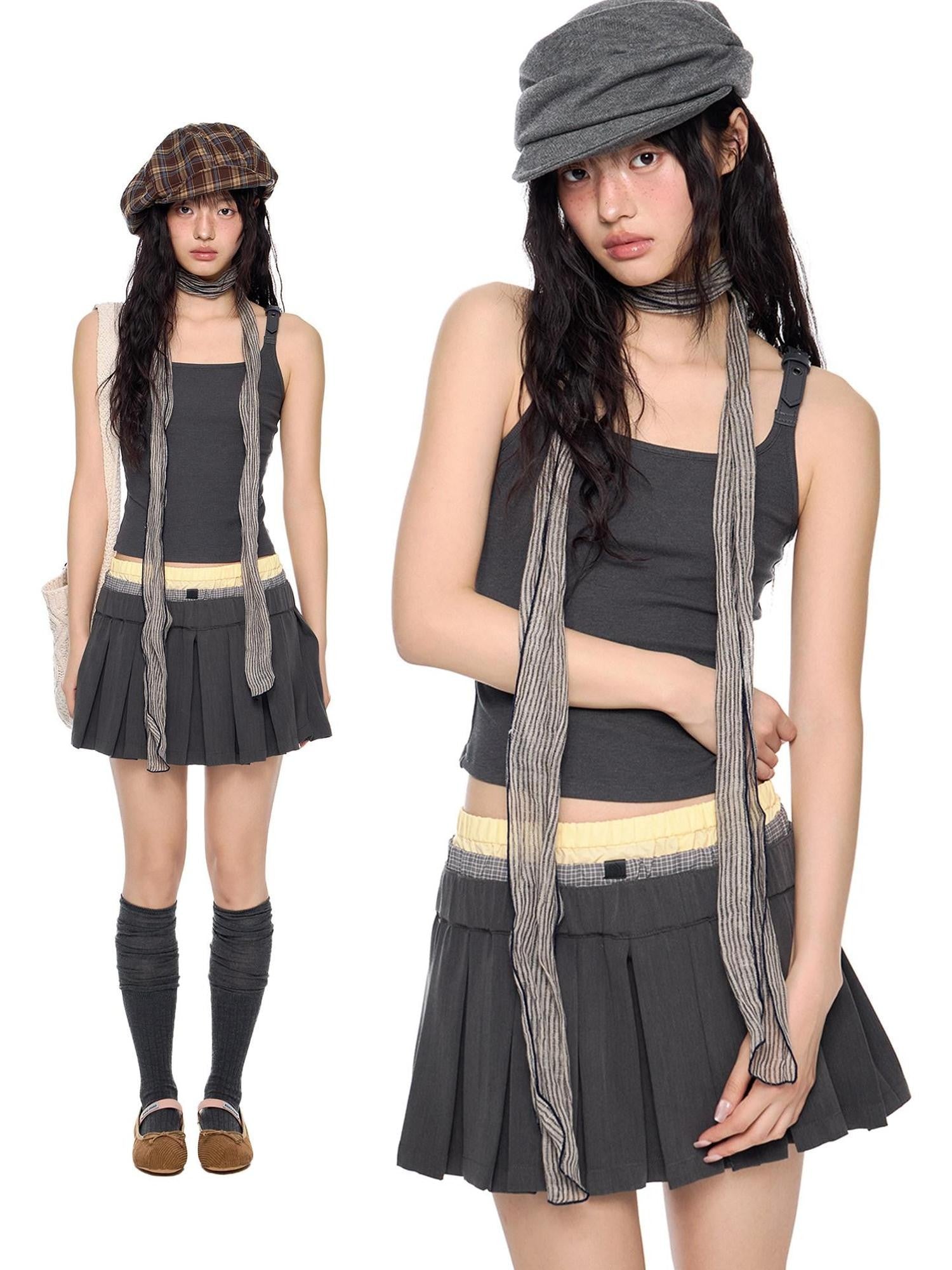 EZEK Striped Square Neck Belt Splice Slim Cropped Women's Cotton Blend Tank Tops