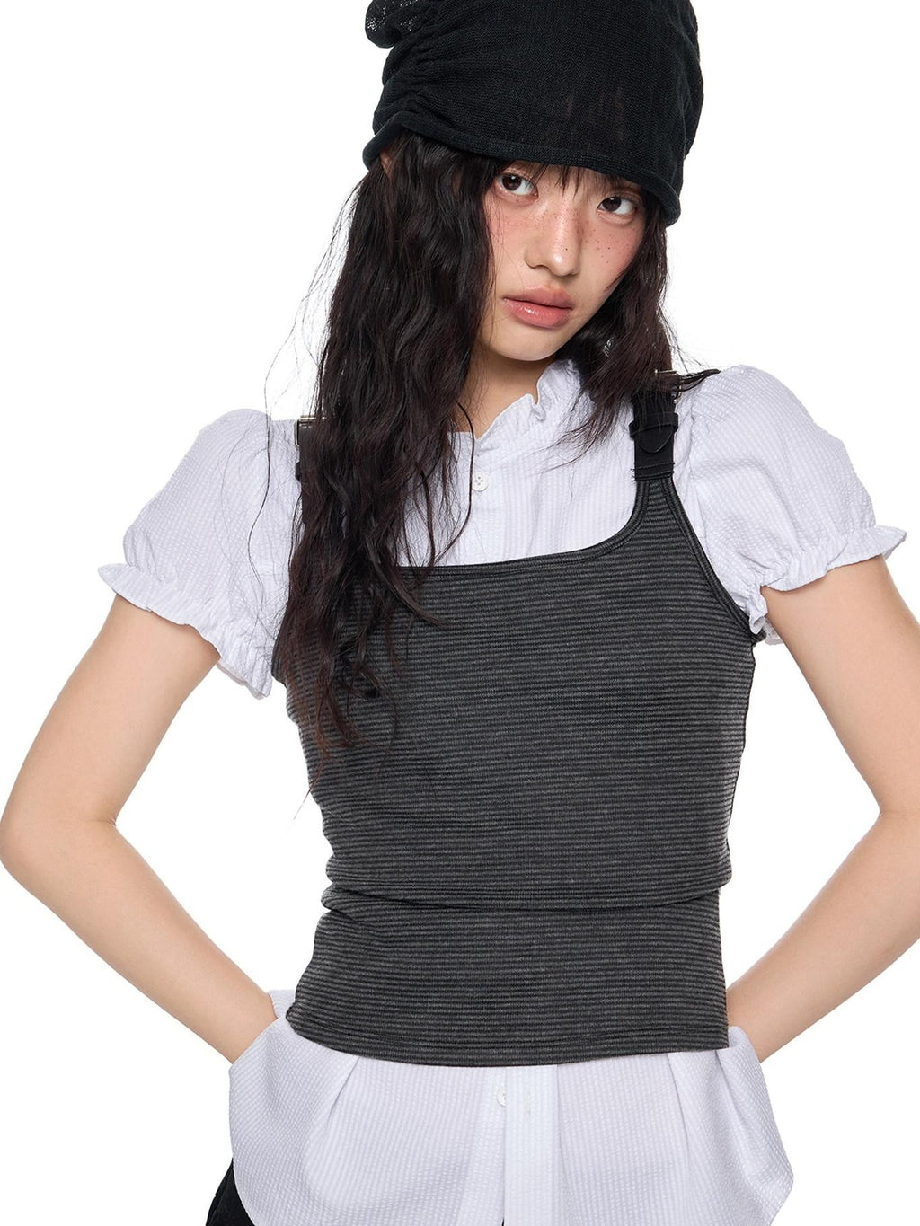 EZEK Striped Square Neck Belt Splice Slim Cropped Women's Cotton Blend Tank Tops