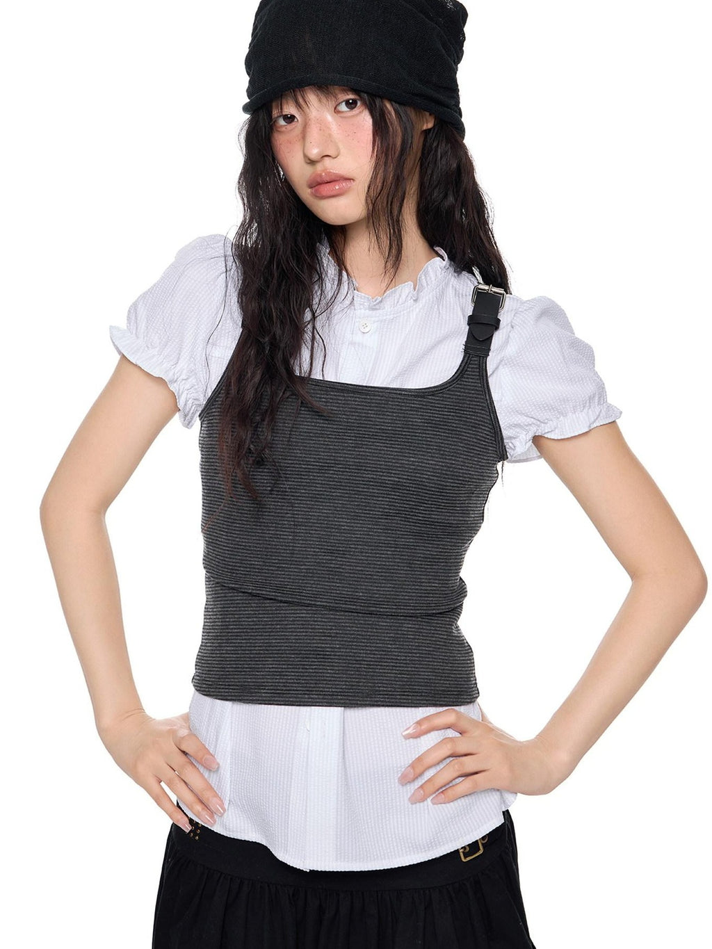 EZEK Striped Square Neck Belt Splice Slim Cropped Women's Cotton Blend Tank Tops