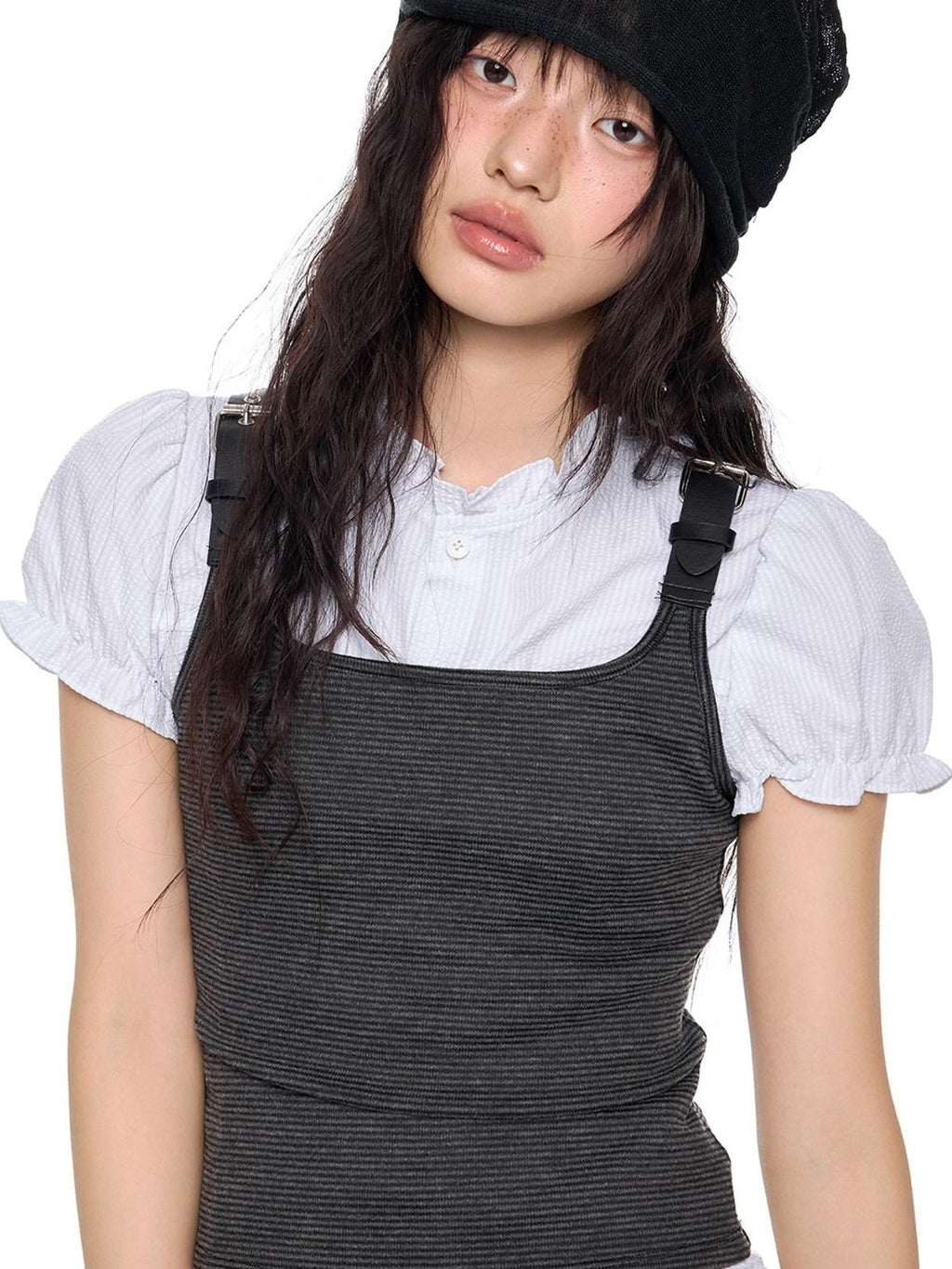EZEK Striped Square Neck Belt Splice Slim Cropped Women's Cotton Blend Tank Tops
