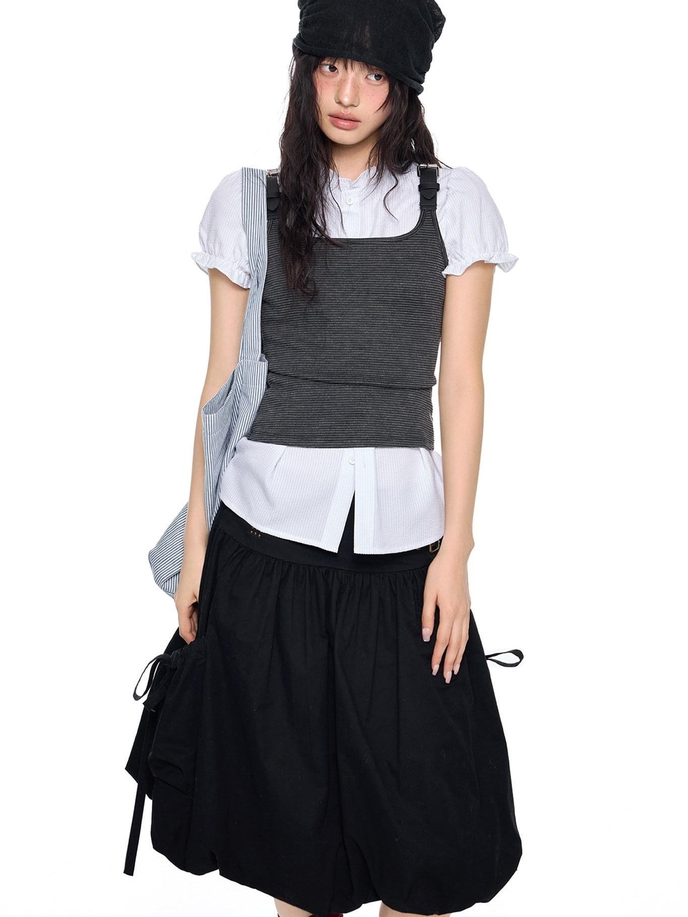 EZEK Striped Square Neck Belt Splice Slim Cropped Women's Cotton Blend Tank Tops