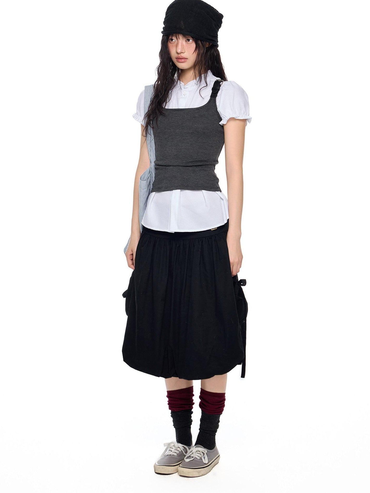 EZEK Striped Square Neck Belt Splice Slim Cropped Women's Cotton Blend Tank Tops