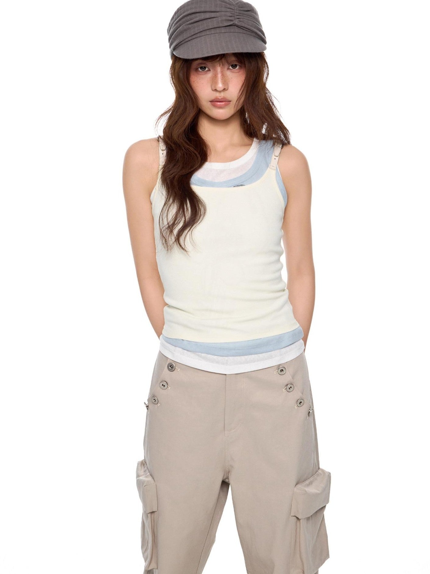 EZEK Striped Square Neck Belt Splice Slim Cropped Women's Cotton Blend Tank Tops