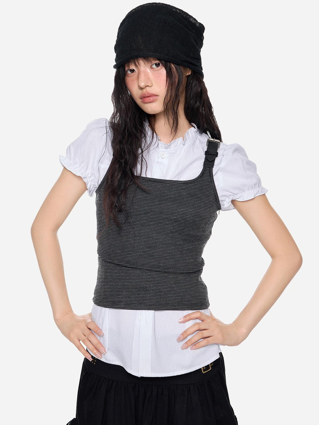 EZEK Striped Square Neck Belt Splice Slim Cropped Women's Cotton Blend Tank Tops