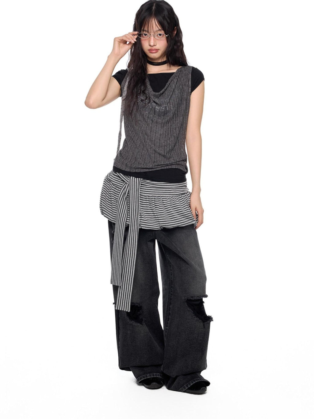 EZEK Striped Tie Patchwork Tulip Low Waist Women's Cotton Mini Skirts
