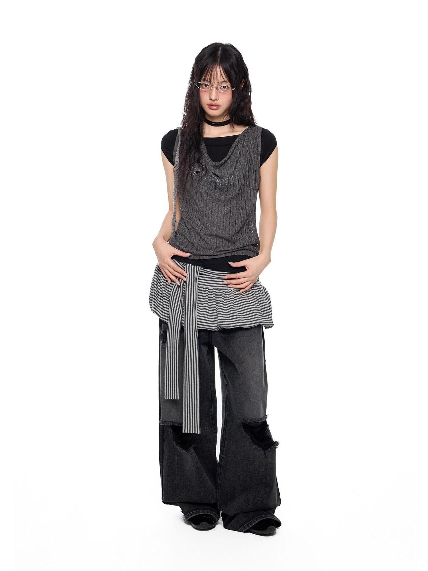 EZEK Striped Tie Patchwork Tulip Low Waist Women's Cotton Mini Skirts