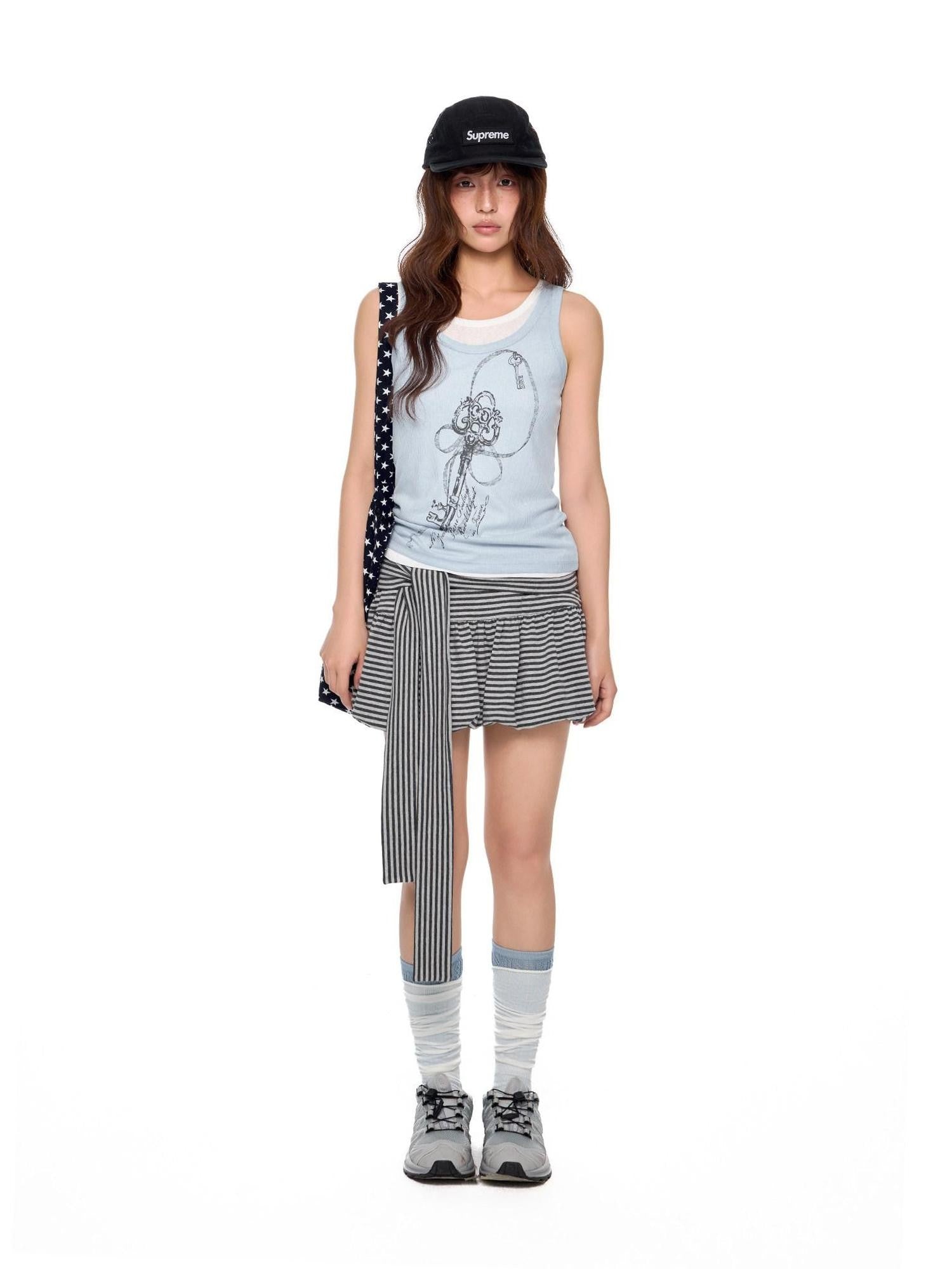 EZEK Striped Tie Patchwork Tulip Low Waist Women's Cotton Mini Skirts