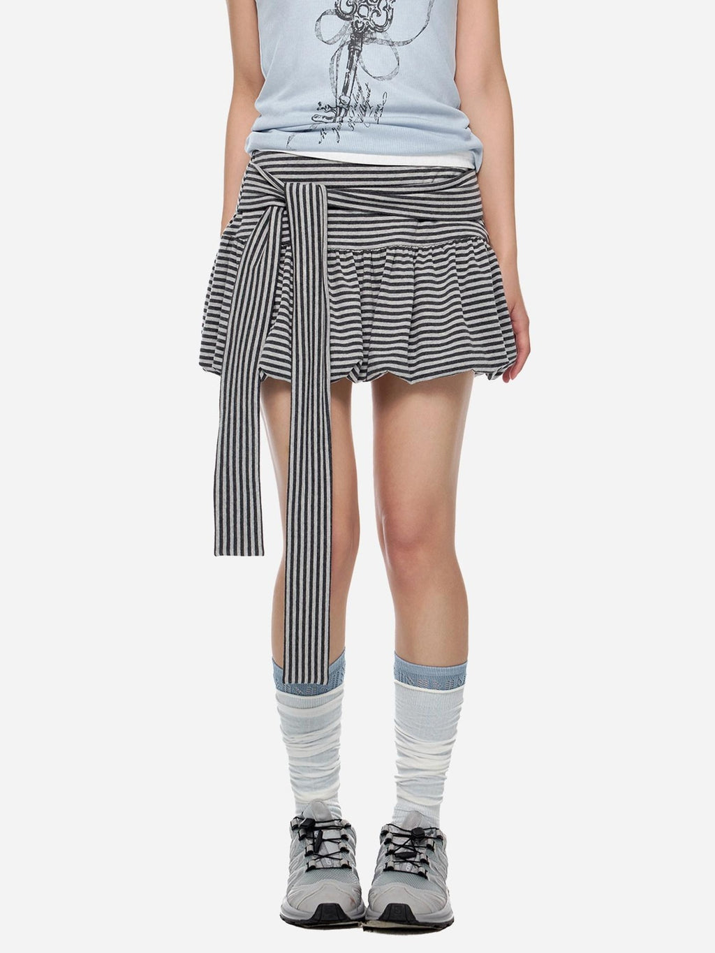 EZEK Striped Tie Patchwork Tulip Low Waist Women's Cotton Mini Skirts