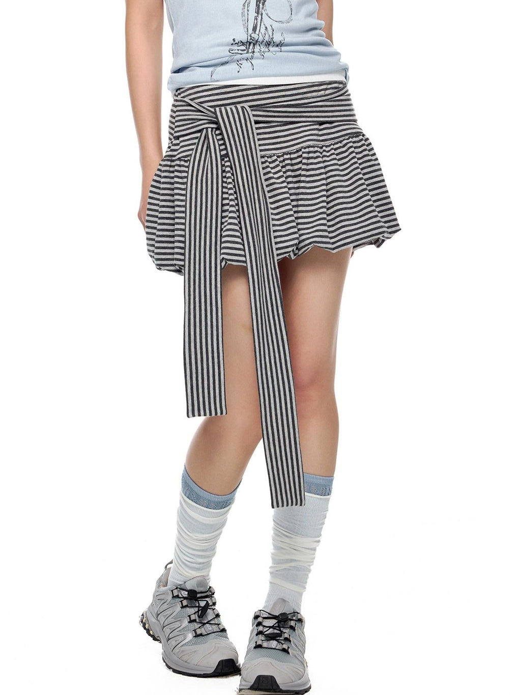 EZEK Striped Tie Patchwork Tulip Low Waist Women's Cotton Mini Skirts