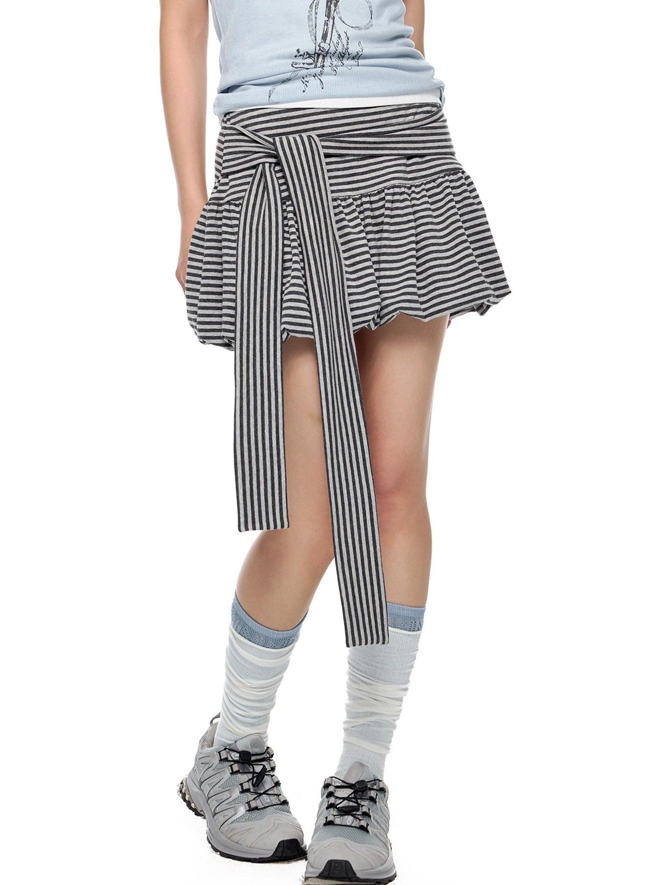 EZEK Striped Tie Patchwork Tulip Low Waist Women's Cotton Mini Skirts