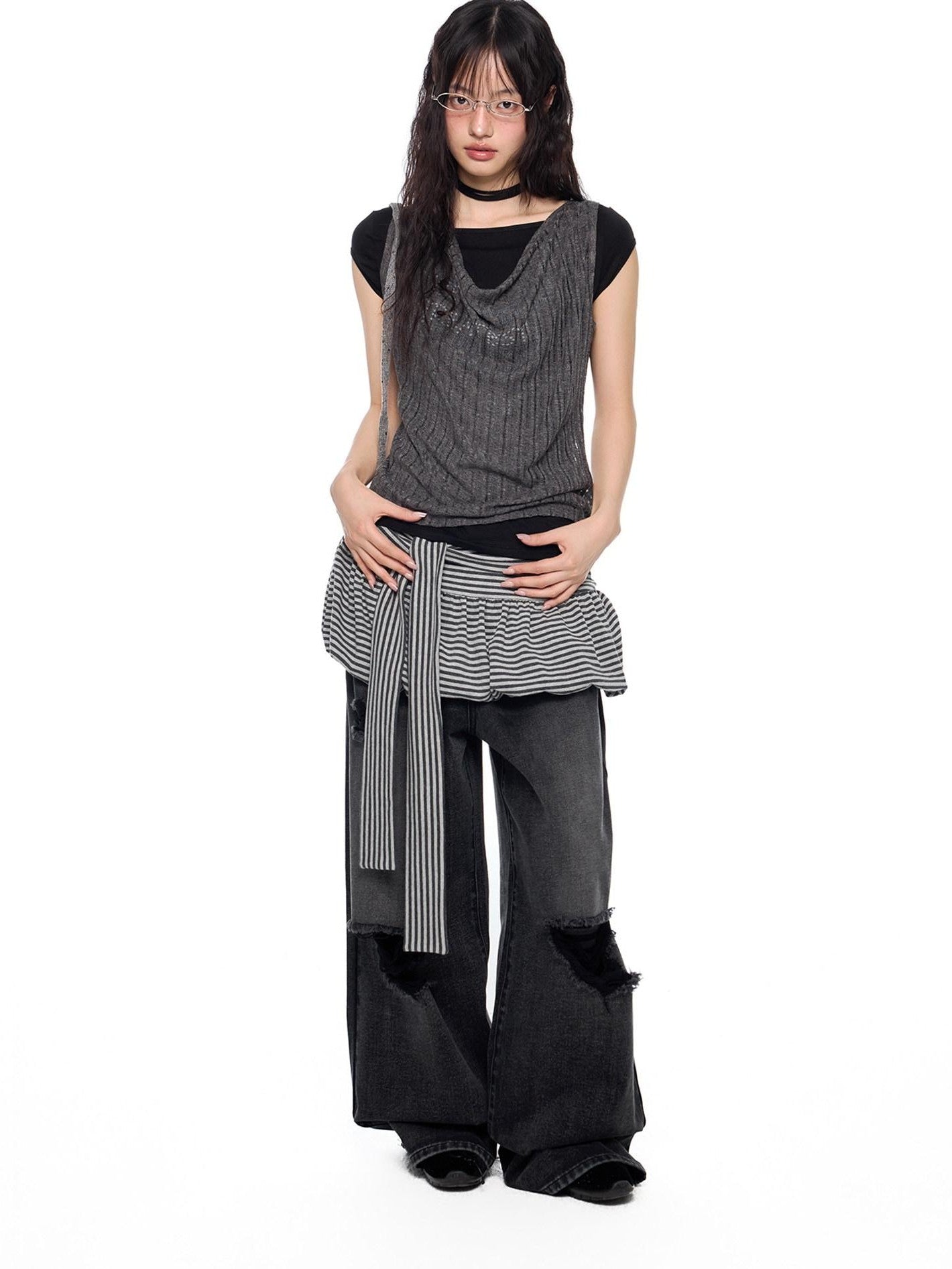 EZEK Striped Tie Patchwork Tulip Low Waist Women's Cotton Mini Skirts