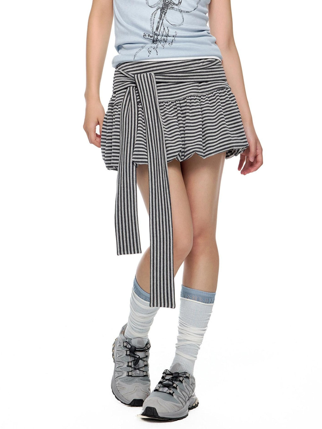 EZEK Striped Tie Patchwork Tulip Low Waist Women's Cotton Mini Skirts