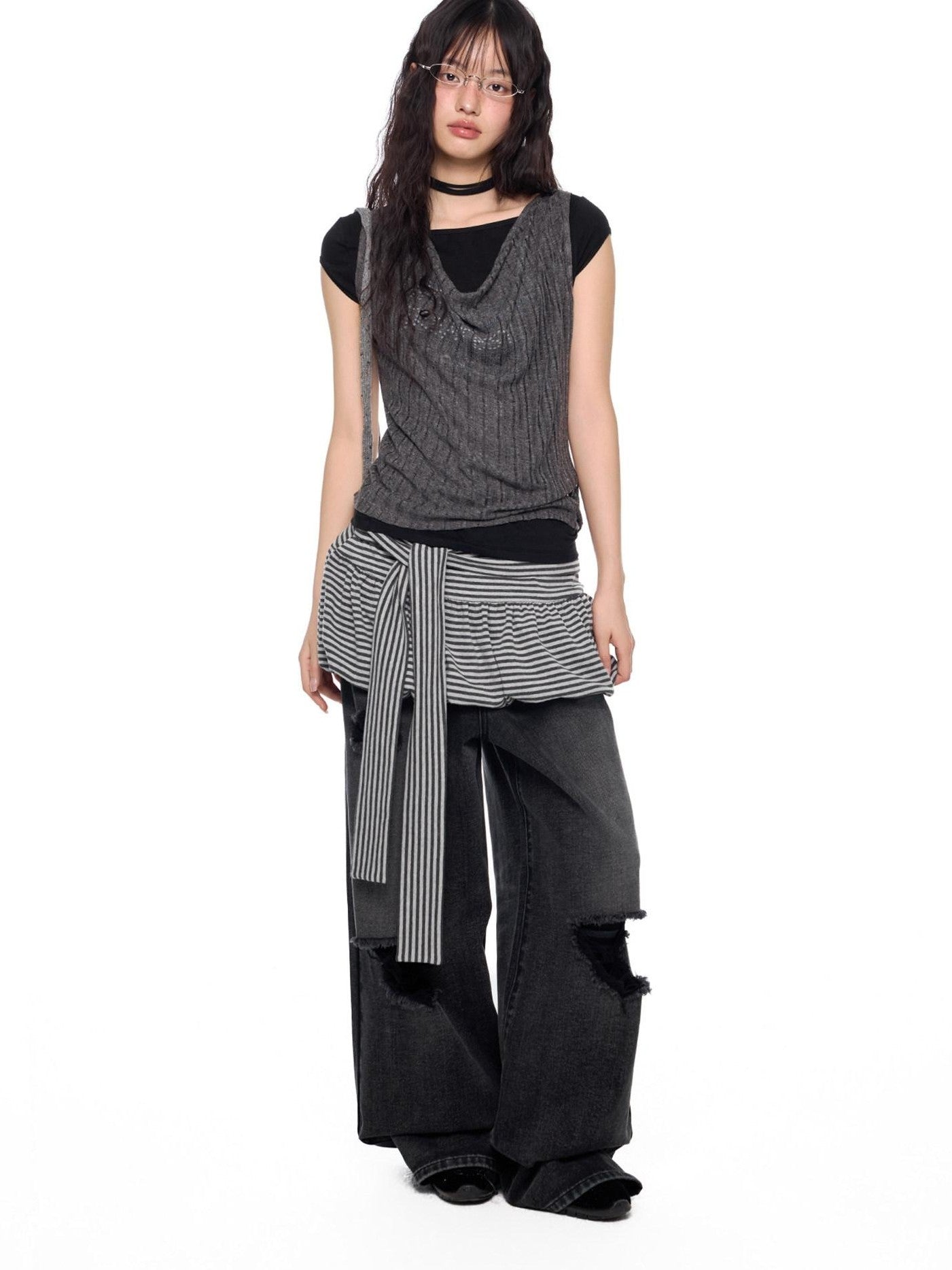 EZEK Striped Tie Patchwork Tulip Low Waist Women's Cotton Mini Skirts