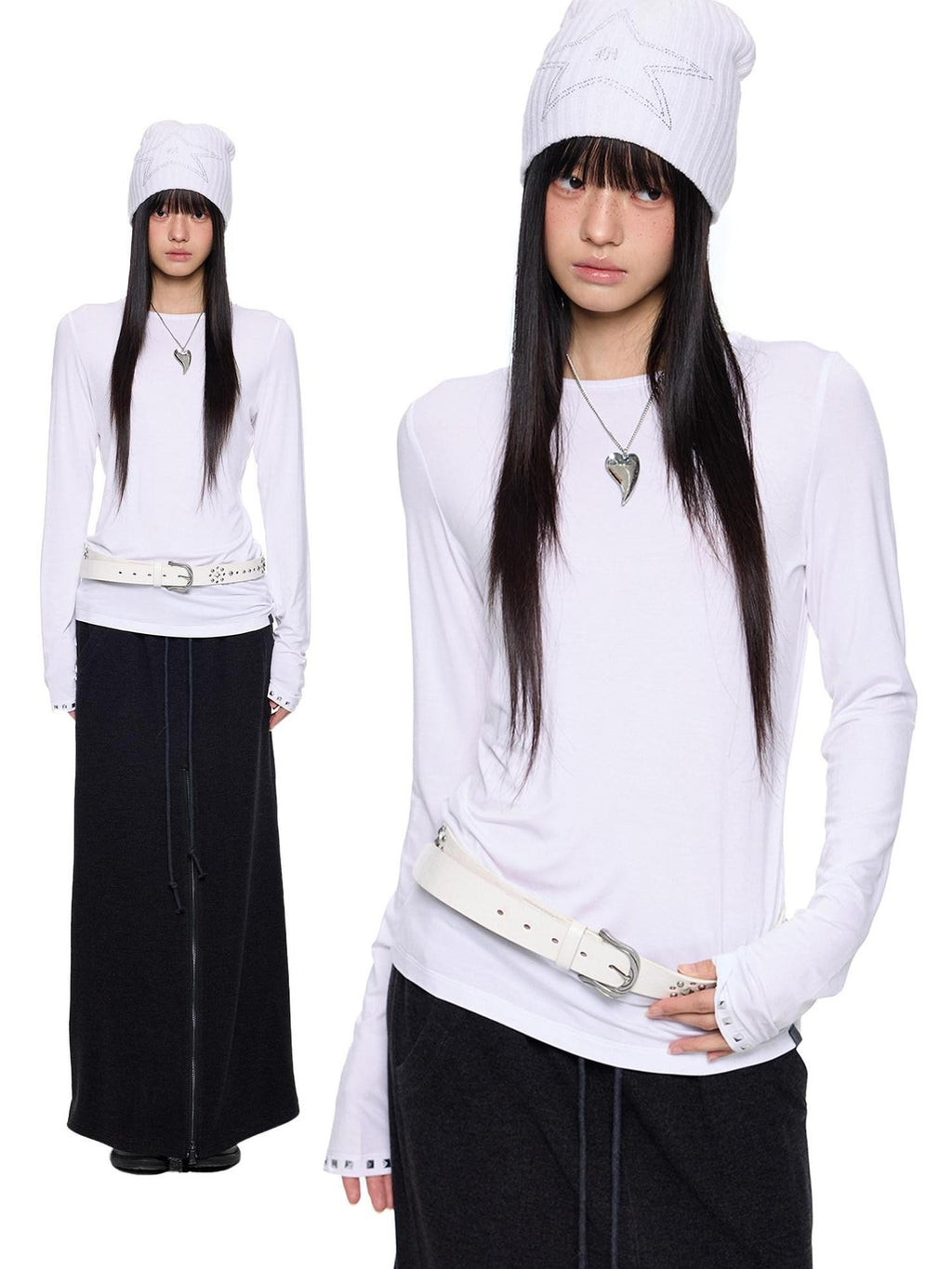 EZEK Studded Printed Slim Fit Crewneck Women's Cotton Stretch Long Sleeve T-shirts