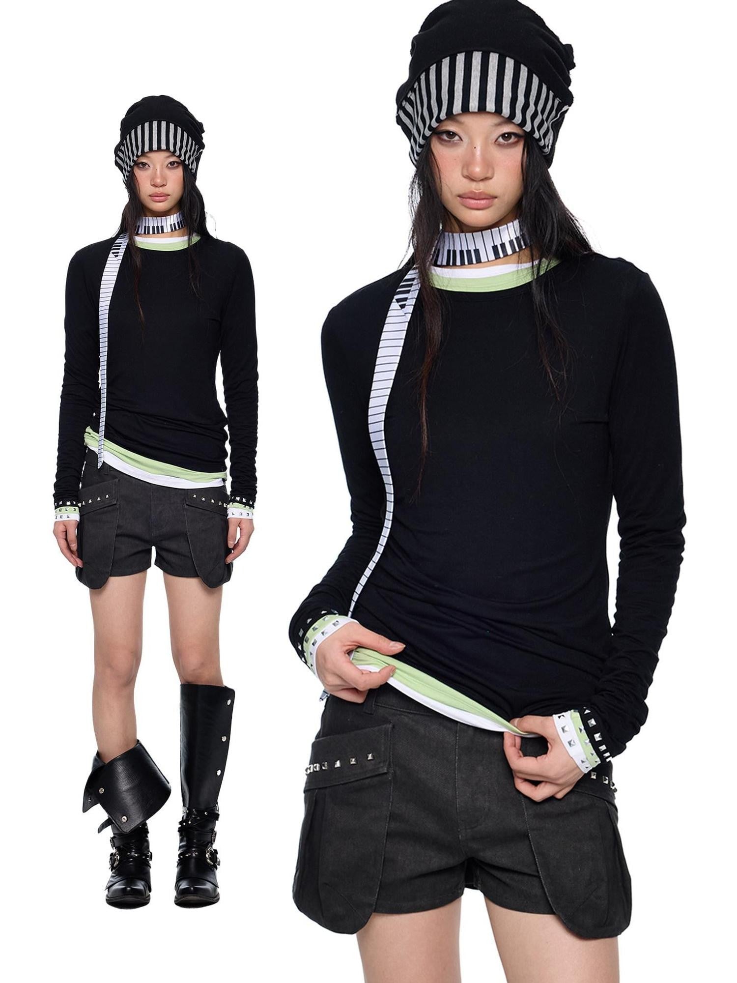 EZEK Studded Printed Slim Fit Crewneck Women's Cotton Stretch Long Sleeve T-shirts