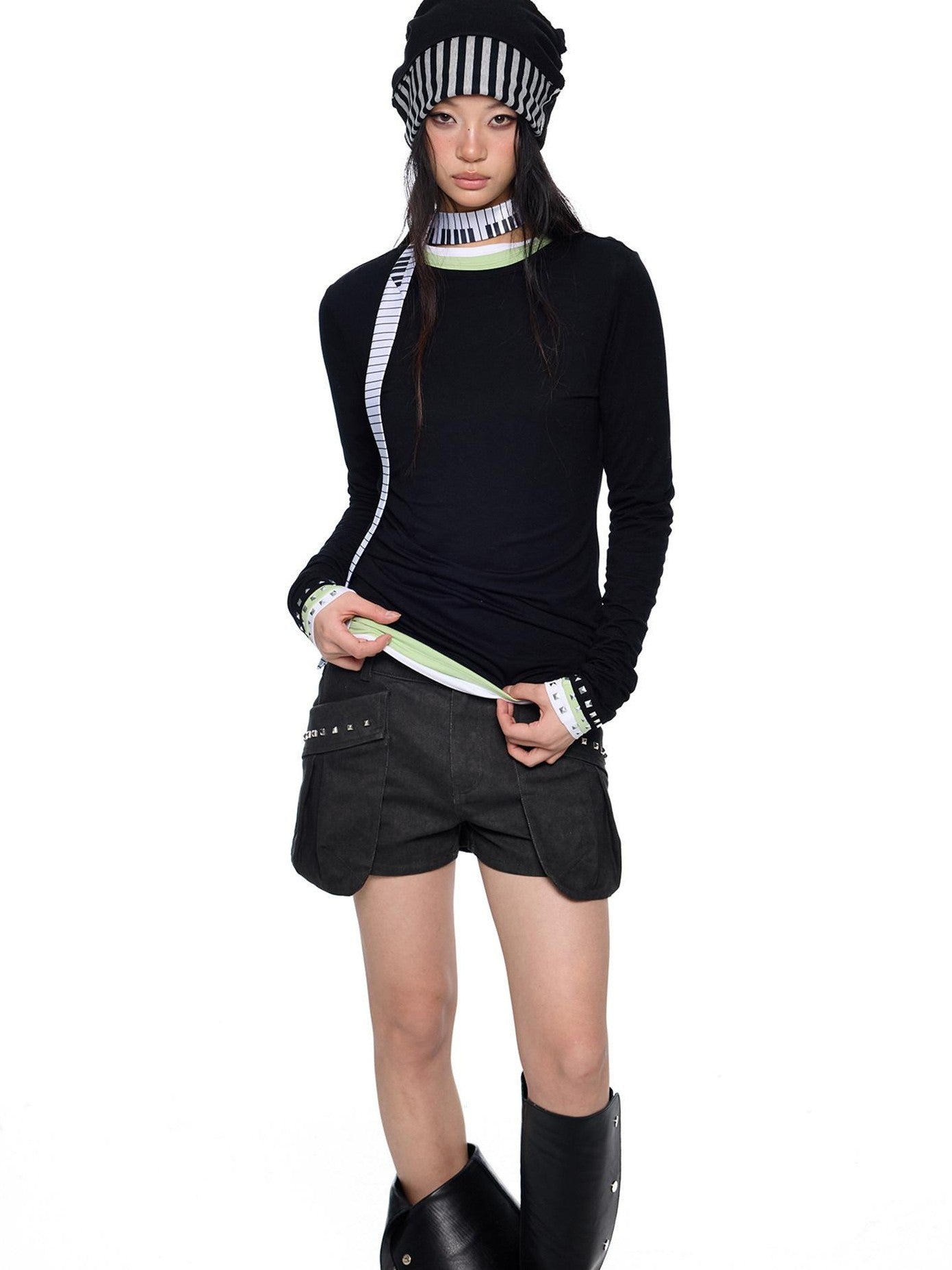 EZEK Studded Printed Slim Fit Crewneck Women's Cotton Stretch Long Sleeve T-shirts