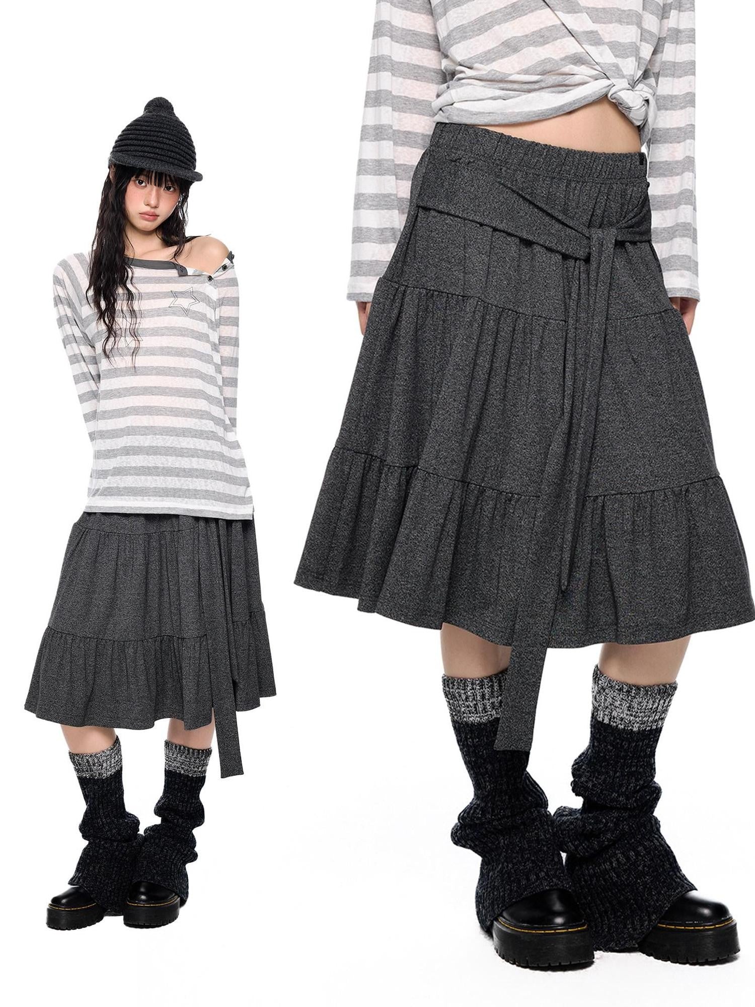 EZEK Tie Patchwork Pleated High Waist A Line Women's Cotton Midi Skirts