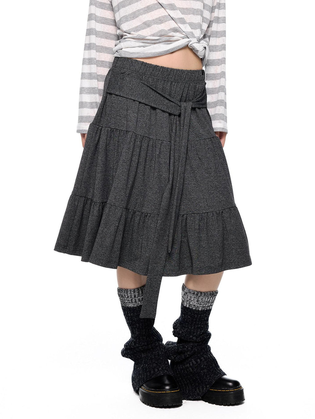EZEK Tie Patchwork Pleated High Waist A Line Women's Cotton Midi Skirts
