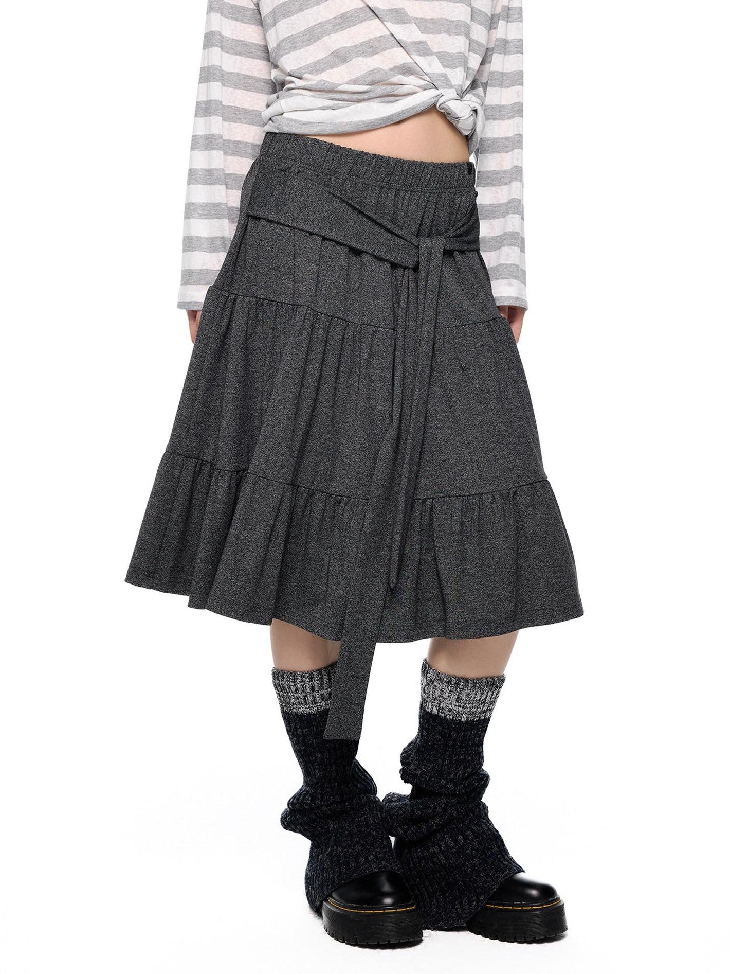 EZEK Tie Patchwork Pleated High Waist A Line Women's Cotton Midi Skirts
