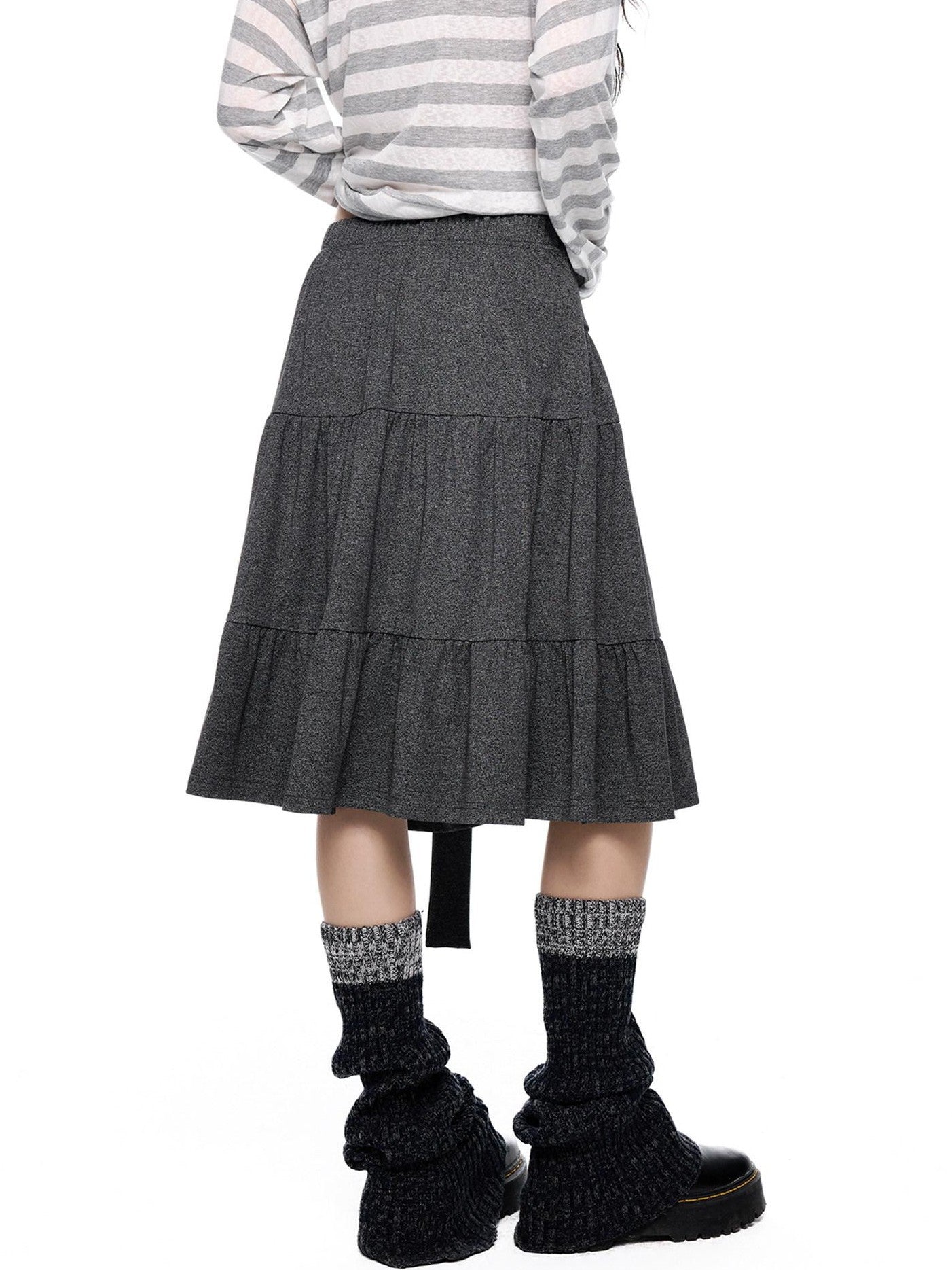 EZEK Tie Patchwork Pleated High Waist A Line Women's Cotton Midi Skirts