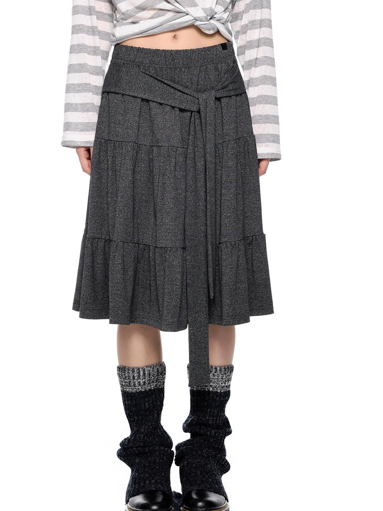 EZEK Tie Patchwork Pleated High Waist A Line Women's Cotton Midi Skirts