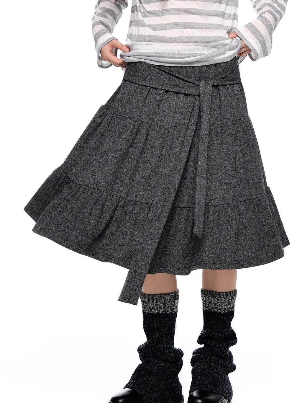 EZEK Tie Patchwork Pleated High Waist A Line Women's Cotton Midi Skirts