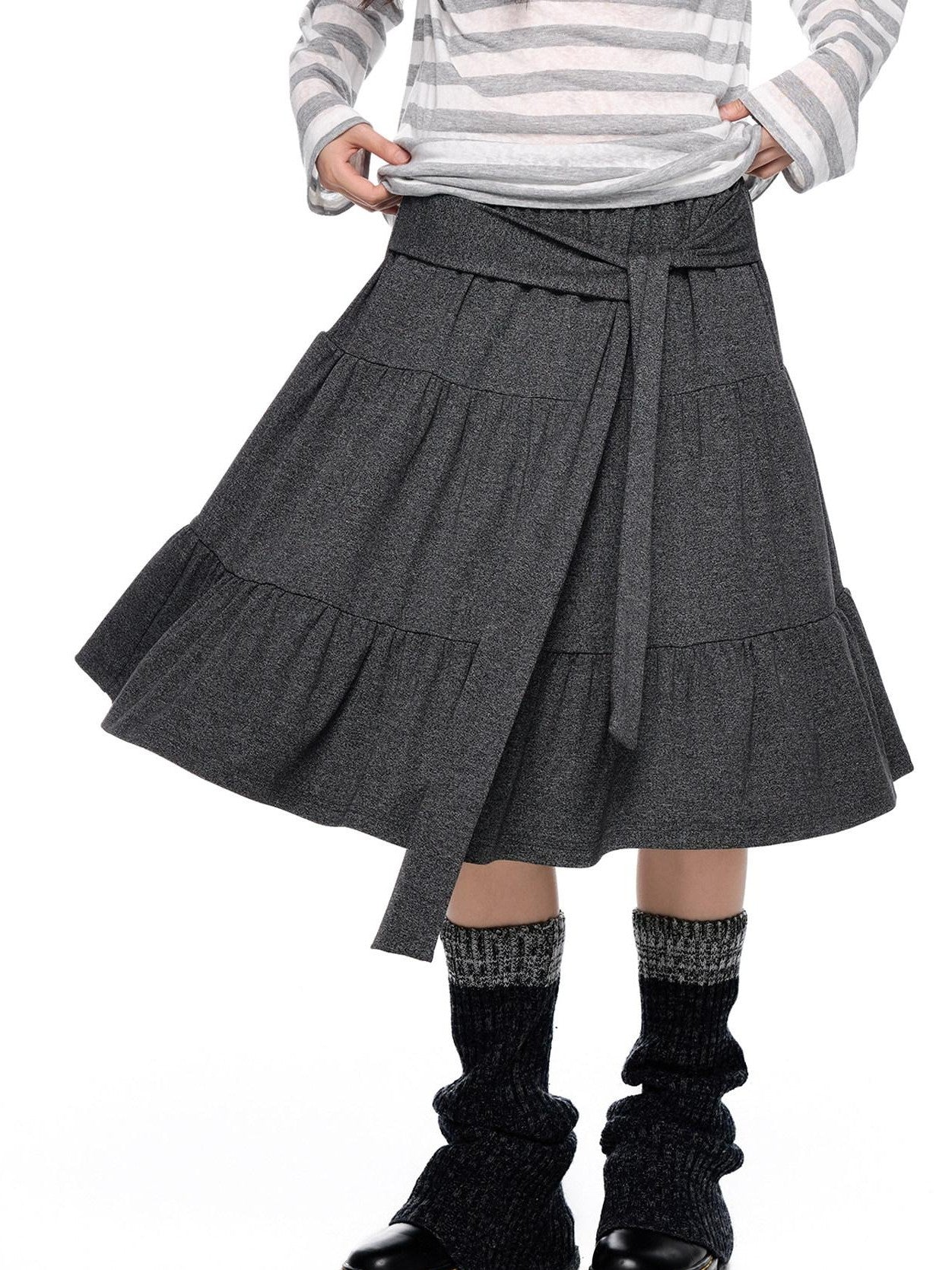 EZEK Tie Patchwork Pleated High Waist A Line Women's Cotton Midi Skirts