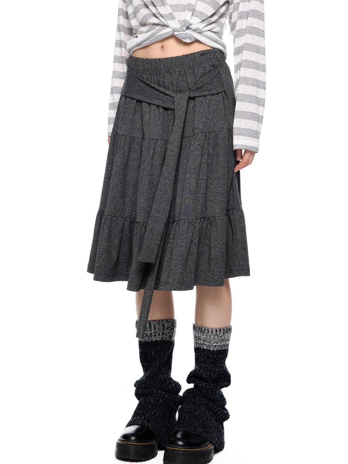 EZEK Tie Patchwork Pleated High Waist A Line Women's Cotton Midi Skirts