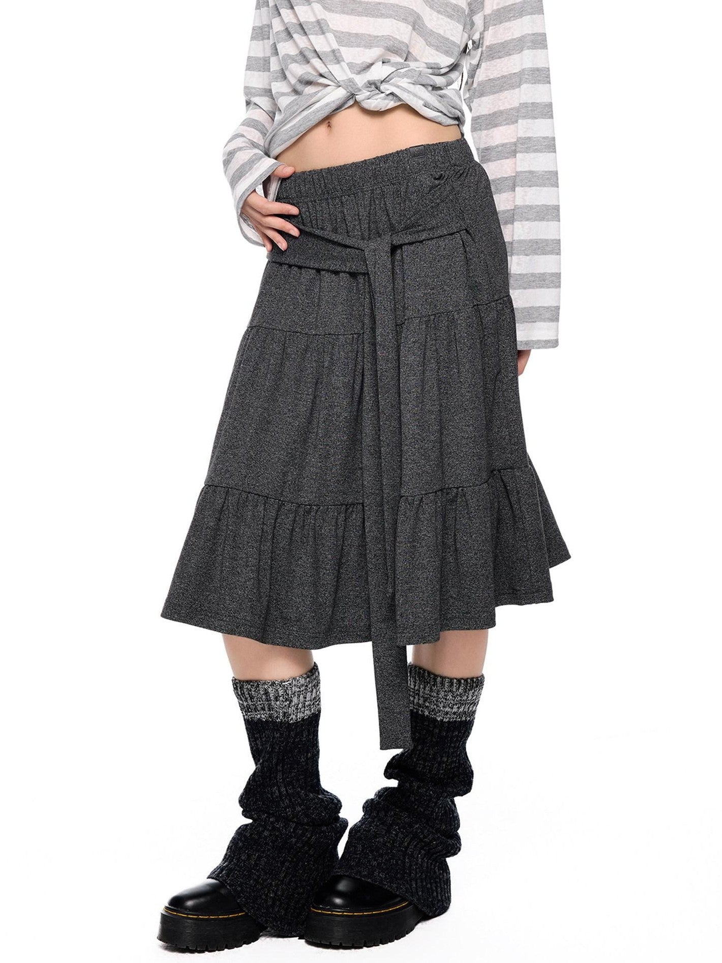 EZEK Tie Patchwork Pleated High Waist A Line Women's Cotton Midi Skirts