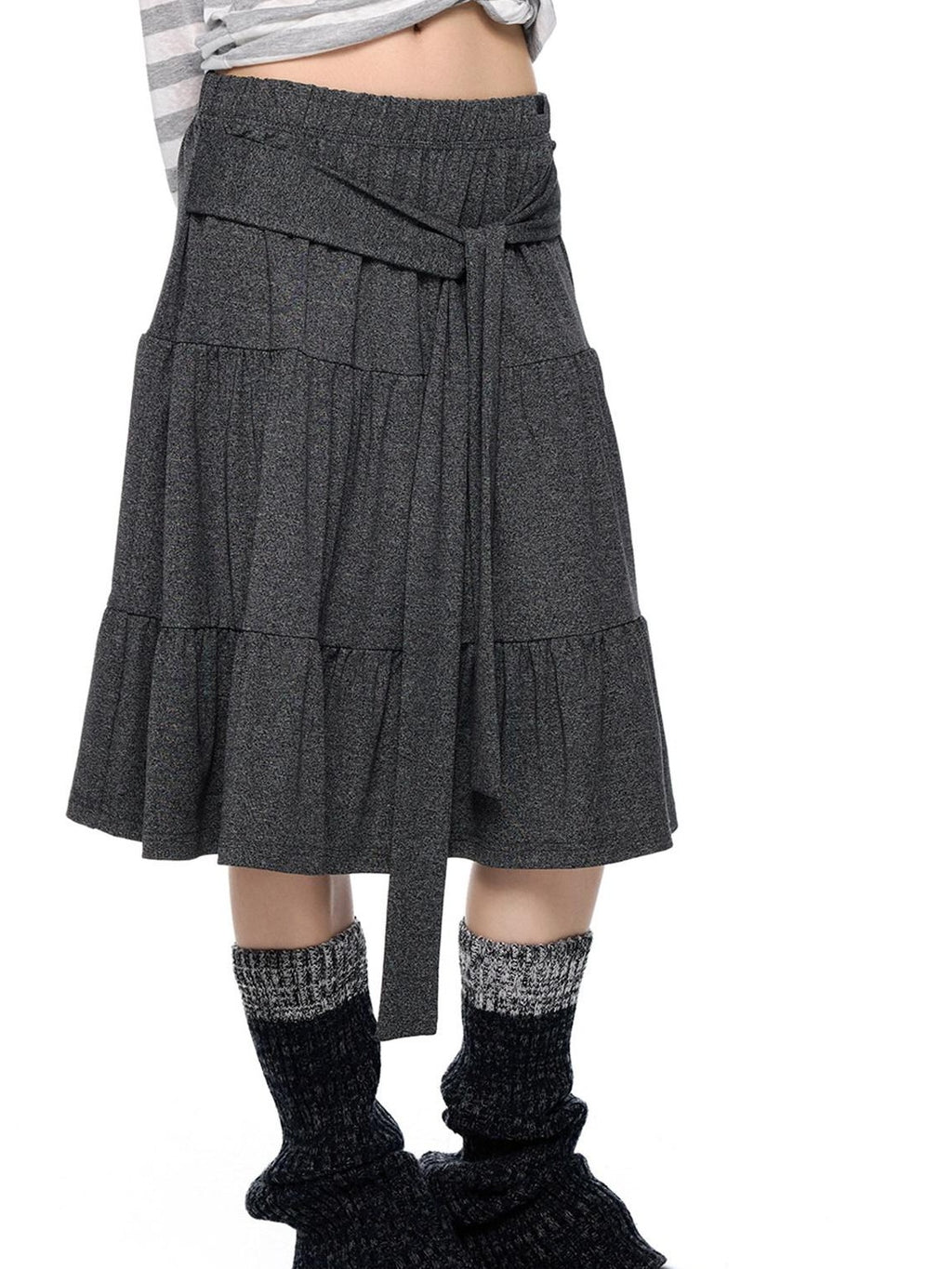EZEK Tie Patchwork Pleated High Waist A Line Women's Cotton Midi Skirts