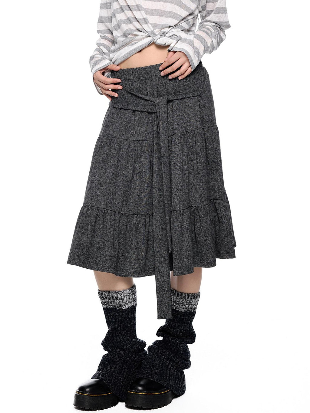 EZEK Tie Patchwork Pleated High Waist A Line Women's Cotton Midi Skirts
