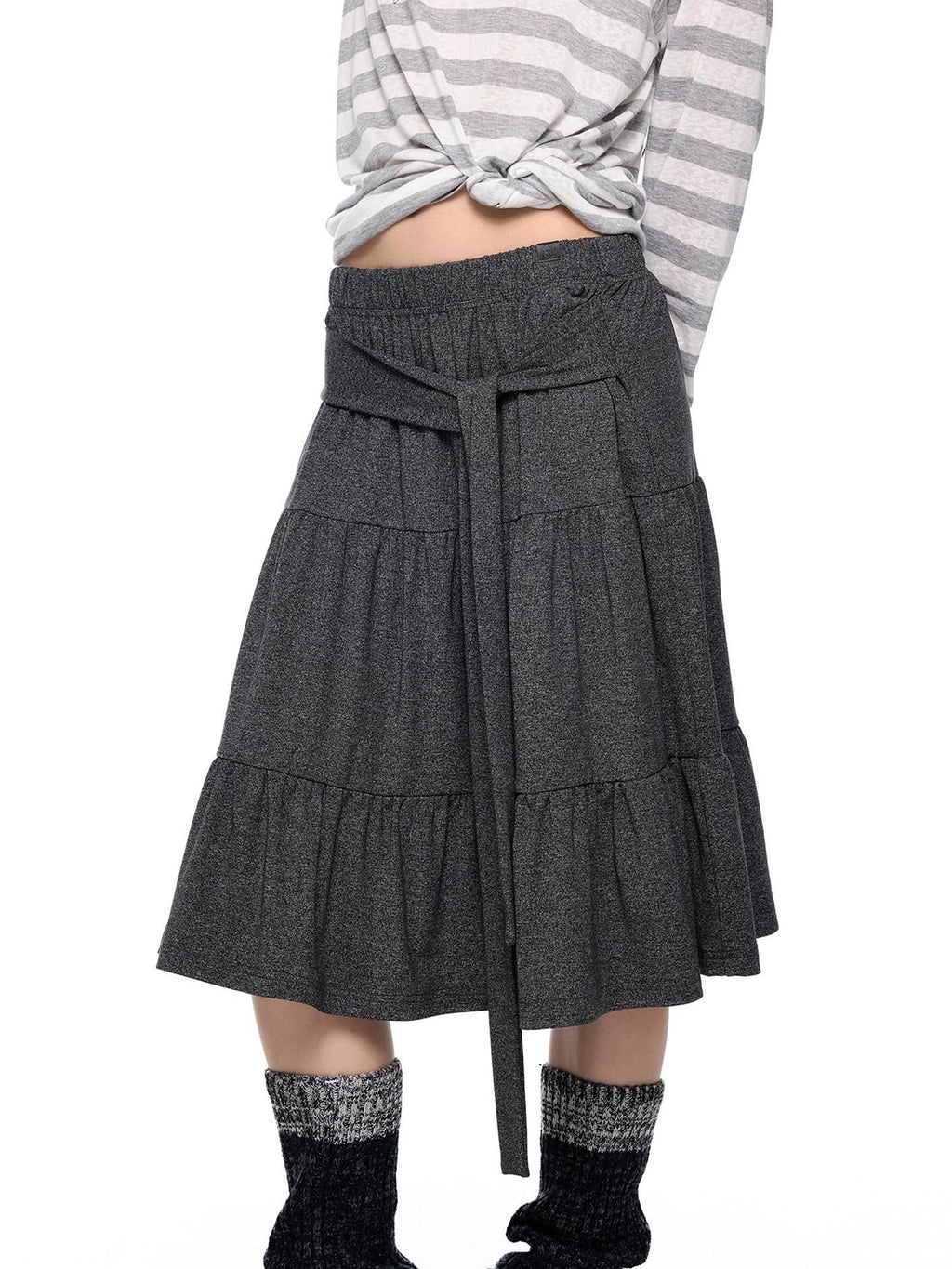 EZEK Tie Patchwork Pleated High Waist A Line Women's Cotton Midi Skirts