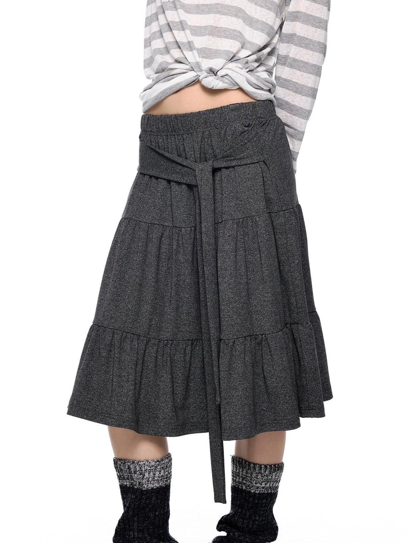 EZEK Tie Patchwork Pleated High Waist A Line Women's Cotton Midi Skirts